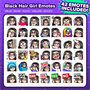Black Hair Girl with Glasses Twitch Emotes MEGA Bundle for Streaming, Youtube Emotes, Discord Emotes, Kick, TikTok, Rumble, Girl Emojis