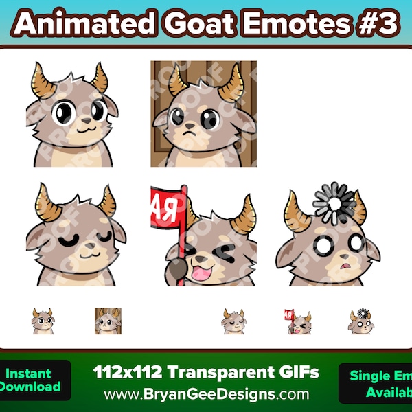 Animated Goat Twitch Emotes Big Eyes, Leave, Lurk, Nodders, RAID, Loading for Streaming Youtube Emotes Discord Stickers