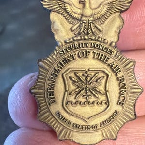 Könnte beinhalten: Ein goldfarbenes Metallabzeichen mit einem Adler oben und den Worten "SECURITY FORCES OF THE AIR FORCE" und "DEPARTMENT OF THE AIR FORCE" um ein zentrales Emblem. Die Worte "UNITED STATES OF AMERICA" stehen unten.