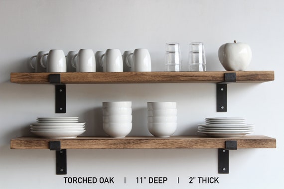 Deep Kitchen Shelves Hardwood Set of 2 Modern Sleek Bracketed