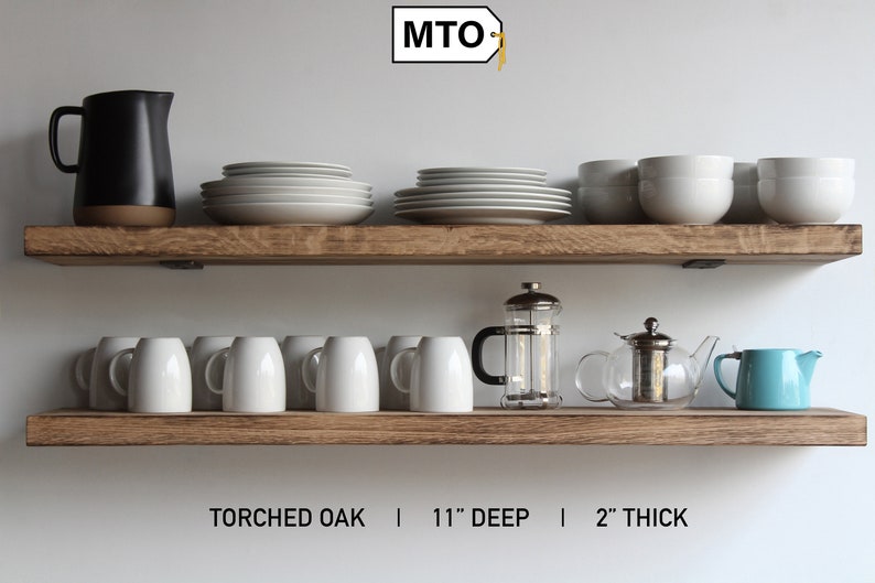 Torched White Oak Deep Floating Shelves, Kitchen, Dishes | Modern, Sleek, Hardwood | MTO | Low Profile Brackets Handcrafted in Lancaster, PA 