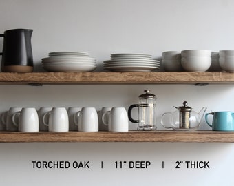 Urban Legacy Deep Floating Shelves | White Oak Hardwood with Torched Finish & Low Profile Brackets | Set of 2 | Kitchen Shelves Floating