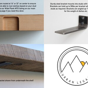 May include: Images showcasing wooden shelves and steel brackets. One image shows a shelf with a routed notch. Another displays a steel bracket designed to mount into studs, capable of holding up to 50 lbs. The Urban Legacy logo is also visible.