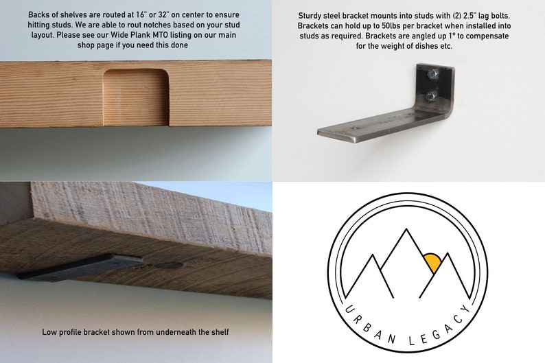 May include: Images showcasing wooden shelves and steel brackets. One image shows a shelf with a routed notch. Another displays a steel bracket designed to mount into studs, capable of holding up to 50 lbs. The Urban Legacy logo is also visible.