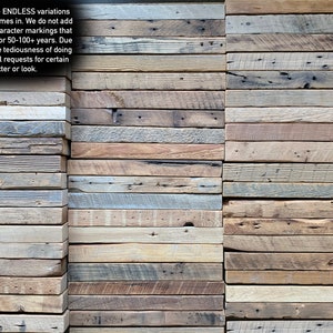 May include: Reclaimed wood planks arranged horizontally, showcasing a variety of natural colors and textures. The image includes text describing the wood's origin and character. The planks vary in shades of brown, gray, and beige, with visible grain and markings.
