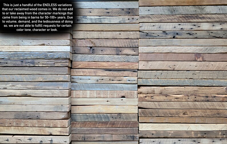 May include: Reclaimed wood planks arranged horizontally, showcasing a variety of natural colors and textures. The image includes text describing the wood's origin and character. The planks vary in shades of brown, gray, and beige, with visible grain and markings.