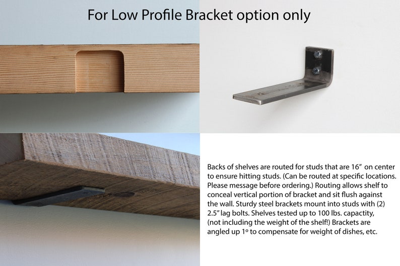 Puede incluir: Estante de madera con una secci&oacute;n enrutada para un soporte de perfil bajo. Se muestra un soporte de acero, junto con el texto: "For Low Profile Bracket option only". El estante est&aacute; dise&ntilde;ado para montarse al ras de la pared.