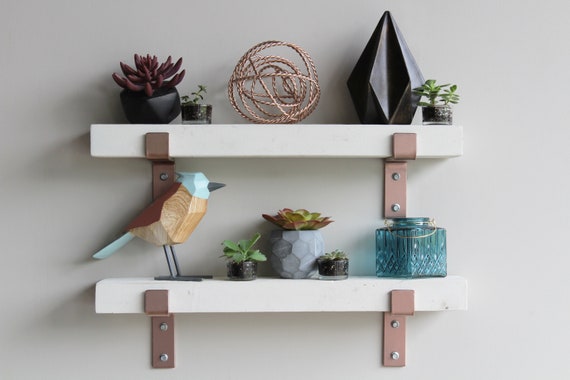 White Shelves Trendy Modern With Rose Gold Brackets White Shelves Trendy Modern With Rose Gold Brackets Reclaimed Barn Wood Amish Made In Lancaster County Pa