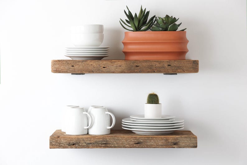 Reclaimed Barn Wood Deep Floating Shelves | 2" Barn Plank | Amish Handcrafted | Set of 2 | Low Profile Brackets image 2