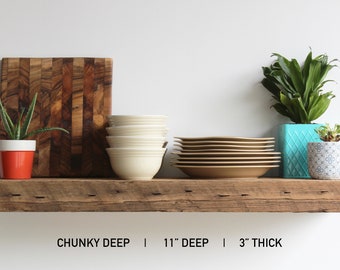 Urban Legacy Deep Floating Shelves | Reclaimed Barn Beam with Low Profile Brackets l Rustic Floating Shelves, Kitchen Wood Shelves Floating