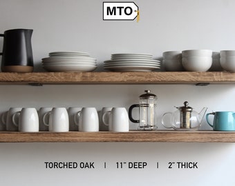 Torched White Oak Deep Floating Shelf | Amish Handcrafted | Low Profile Brackets | Made to Order