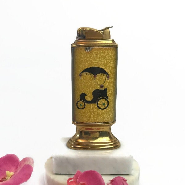 EVANS Classic Table Lighter, Gold Enamel & Brass VintageTable Lighter, Mid-Century Buggy/Trolly 1940s, Hollywood Regency, Tobaccoiana