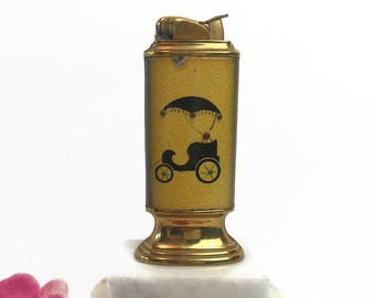 EVANS Classic Table Lighter, Gold Enamel & Brass VintageTable Lighter, Mid-Century Buggy/Trolly 1940s, Hollywood Regency, Tobaccoiana