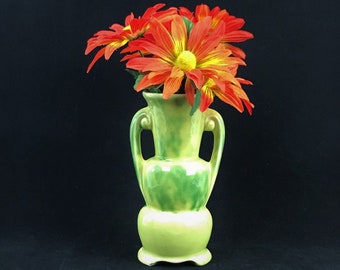 Mid Century Green & Yellow Drip Glaze Floral Vase with Handles, Vintage Ceramic Vase, Small 7.25" Ceramic Vase