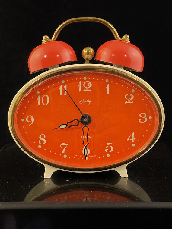 Bradley Alarm Clock West Germany Vintage Orange Wind Up Bell Bradley Alarm Clock West Germany, Orange Alarm Clock