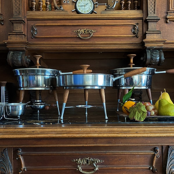 Mid Century Swedish Modern Chafing Dish Set, Atomic Buffet Service 17pc Set Made in Denmark and USA