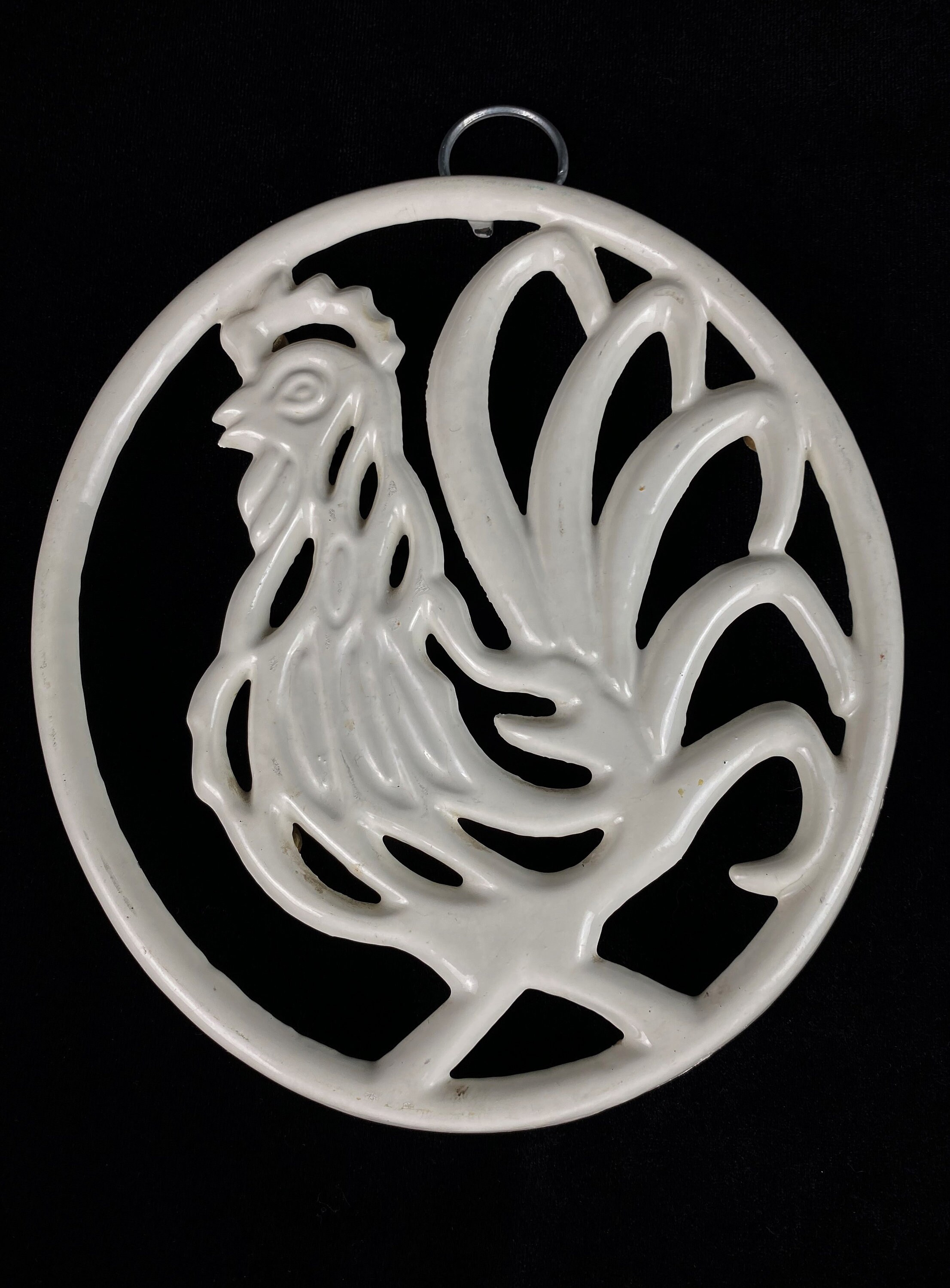 Trivet Cast Iron Rooster Vintage Trivet, White Enamel Trivet, Rustic