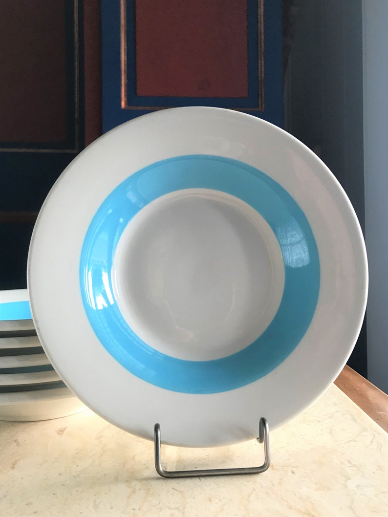 1950s Ceramic Soup Cereal Dessert Bowl 2U Vintage Replacement China Made in USA Wallace China Restaurant Ware Blue Stripe Bowls Set Of 6