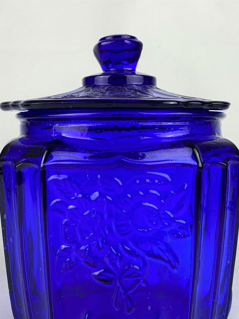 Cookie Jar Cobalt Blue Glass Biscuit Canister Depression Style Etsy