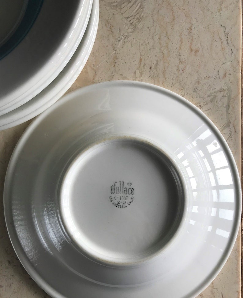 1950s Ceramic Soup Cereal Dessert Bowl 2U Vintage Replacement China Made in USA Wallace China Restaurant Ware Blue Stripe Bowls Set Of 6