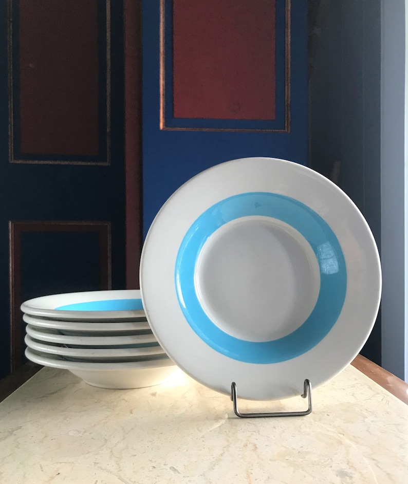 1950s Ceramic Soup Cereal Dessert Bowl 2U Vintage Replacement China Made in USA Wallace China Restaurant Ware Blue Stripe Bowls Set Of 6