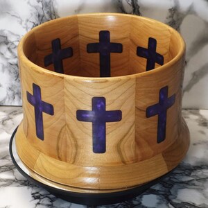 Handcrafted Bowl with Cherry wood and purple Resin Crosses