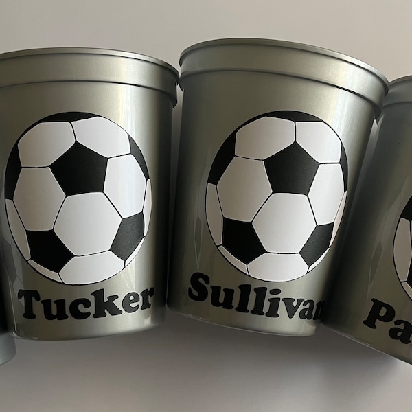 Personalized Silver  Soccer Ball 16oz Reusable Stadium Cups Birthday Party Favors Game Day Team gift