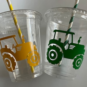 Tractor 12oz Disposable Plastic Party Cups with lids and straws Farm Party Green Yellow