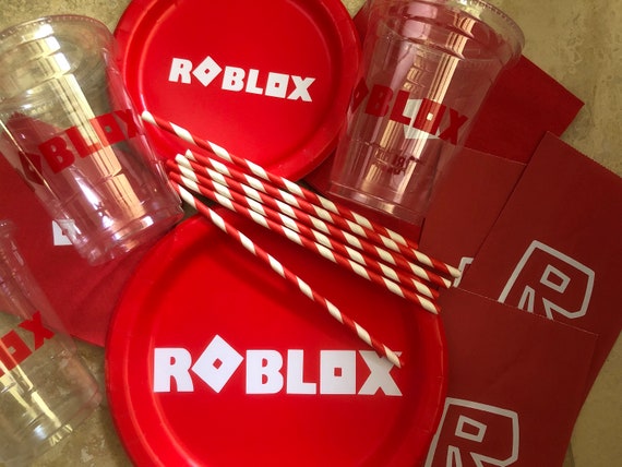 Red Roblox Birthday Party Pack Plates Cups Napkins Favor Bags Etsy - white mini purse roblox