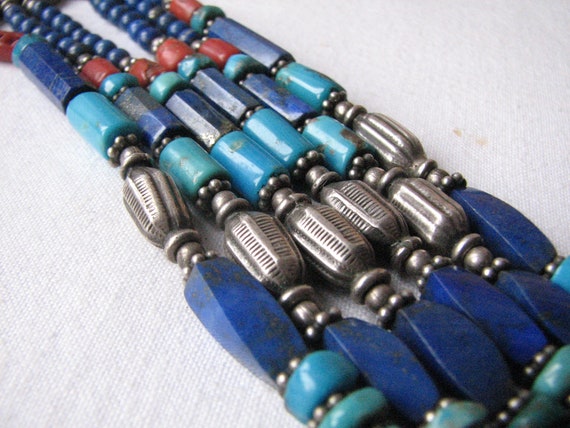 Vintage Silver Ethnic Tribal Beads Necklace Turqu… - image 7