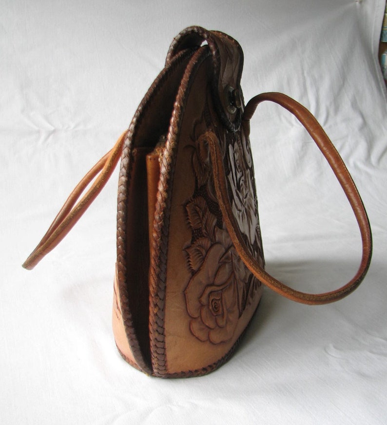 Vintage 70s Tooled Leather Bag Roses Stunning