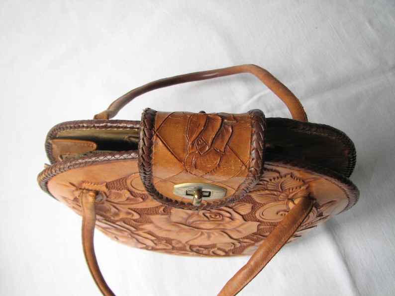 Vintage 70s Tooled Leather Bag Roses Stunning