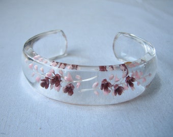 Vintage Reverse Carved Lucite Pink Flowers Cuff Bangle