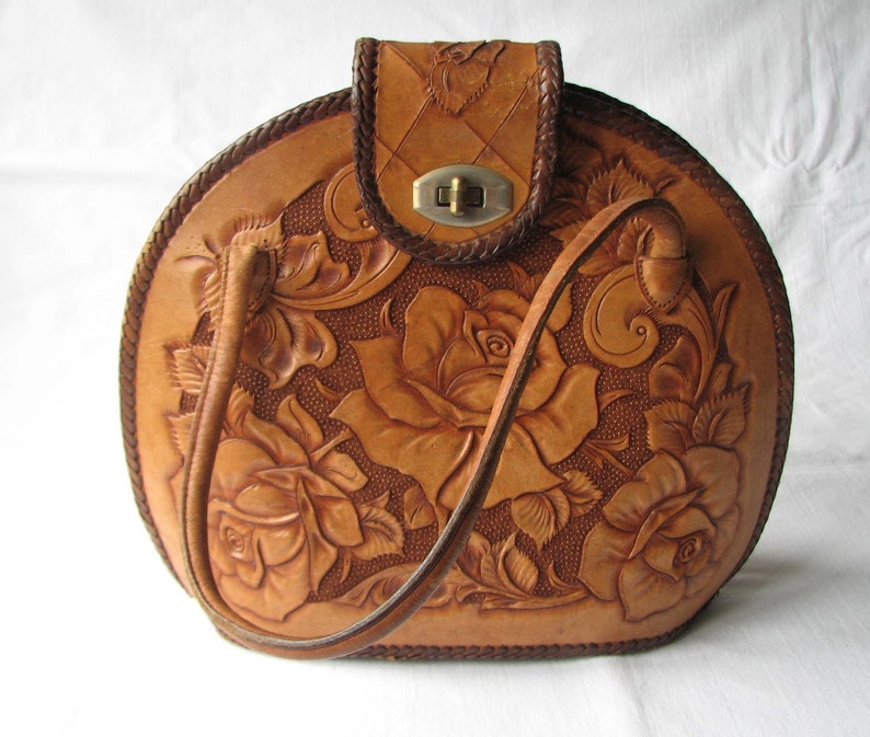 Vintage 70s Tooled Leather Bag Roses Stunning