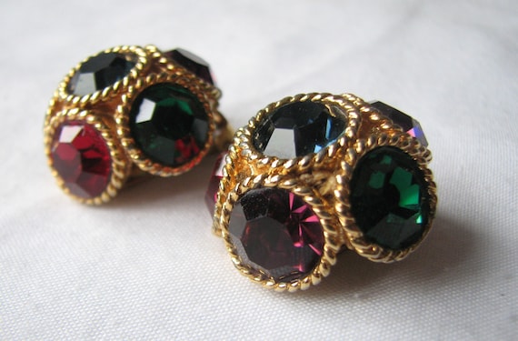 Vintage 80s Huge Multi Coloured Glass Clip Earrin… - image 1