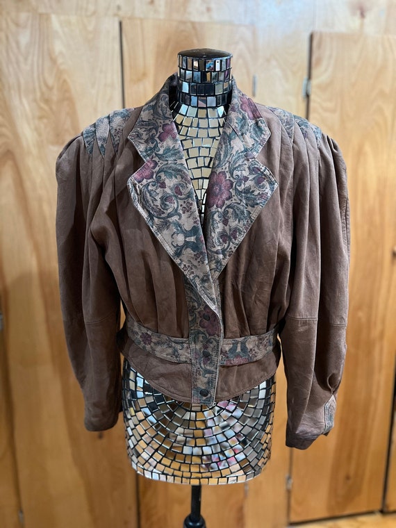 Vintage 80s G-iii Brown Floral Leather Jacket - image 1