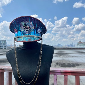 Future Retro Vintage Floral Sequin Captains Hat w/Gold Chain Unisex (READY TO SHIP!)