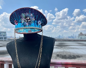 Future Retro Vintage Floral Sequin Captains Hat w/Gold Chain Unisex (READY TO SHIP!)