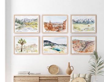 Set of 6 United States National Park Prints - Watercolor Painting Nature Gallery Wall Art, Mountain Nursery Woodland Yellowstone Rocky Grand