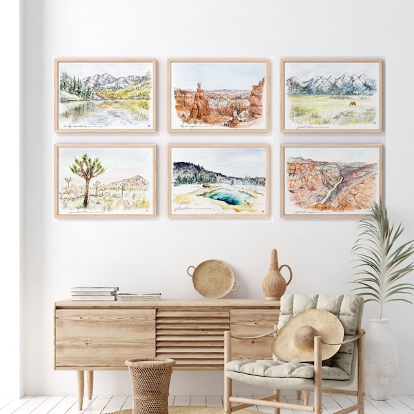 National Park Prints Set of 6: Choose Your Paintings, Nature Mountain Watercolor Gallery Wall Art, Travel Cowboy Home and Nursery Decor