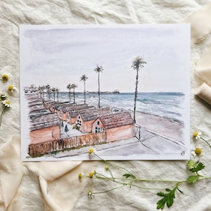Oceanside California Beach Scene Watercolor Art Print - Carlsbad Strand Pink Houses Cottages Pier Palm Tree Boardwalk San Diego West Coast