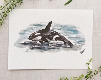 Orca Watercolor Print - Killer Whale Ocean Sea Fish Marine Animal Painting Adventure Baby Boy Shower Nursery Nature Minimal Gallery Wall Art