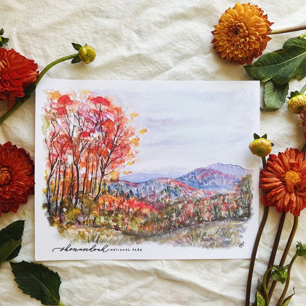 Shenandoah National Park print, watercolor painting, nature wall art poster Appalachian Trail Old Rag Skyline Blue Ridge Mountains Virginia