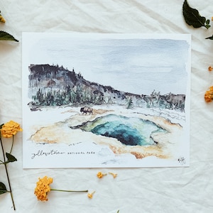 Yellowstone National Park print, fine art watercolor painting nature wall Wyoming Montana Idaho western mountain buffalo sapphire pool basin