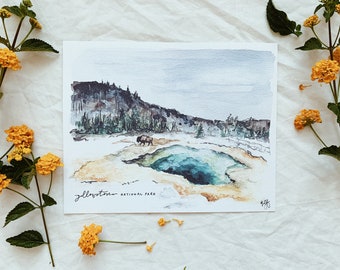 Yellowstone National Park print, fine art watercolor painting nature wall Wyoming Montana Idaho western mountain buffalo sapphire pool basin