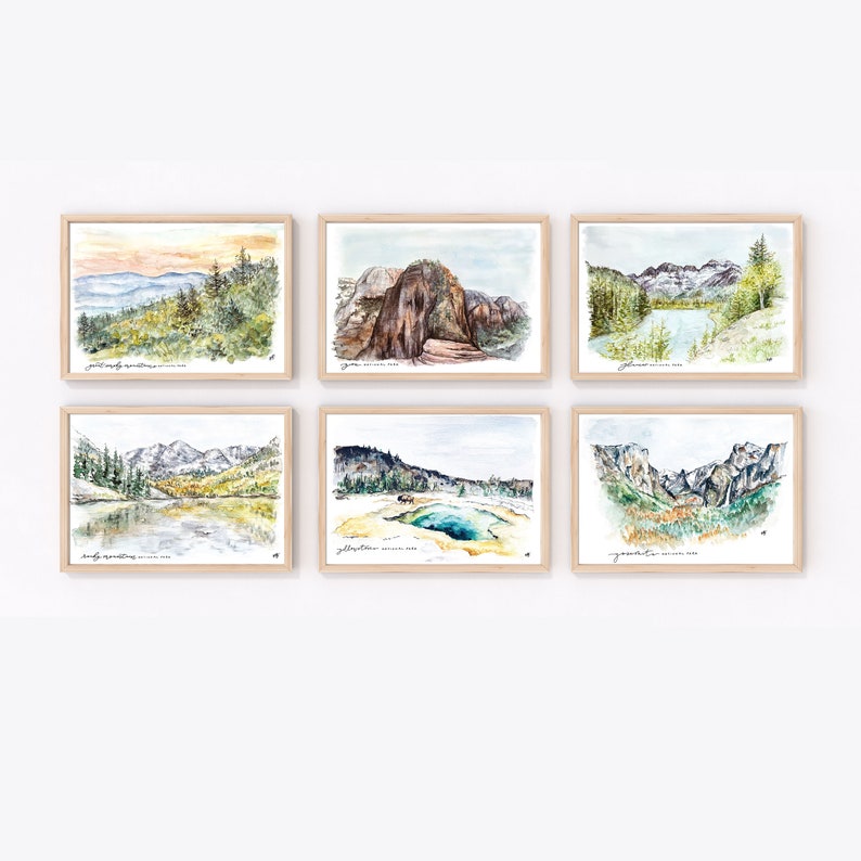 Set of 6 United States National Park Prints Watercolor Painting Nature Gallery Wall Art, Mountain Nursery Woodland Yellowstone Rocky Grand image 3