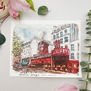 Moulin Rouge, Paris France print, watercolor painting, travel keepsake gallery wall art, French cabaret theatre montmartre 18 arrondissement
