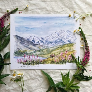 Denali National Park print, watercolor painting nature wall art Anchorage Alaska Mt McKinley grizzly bear fireweed adventure nursery decor