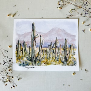 Saguaro National Park print, watercolor painting southwest US nature gallery wall art Tucson Arizona Desert Cactus Mountains boho nursery AZ