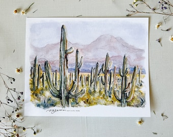 May include: Watercolor painting of a field of saguaro cacti in Saguaro National Park. The painting features a variety of cacti in different sizes and shapes, with a mountain range in the background. The painting is done in shades of green, brown, and blue.